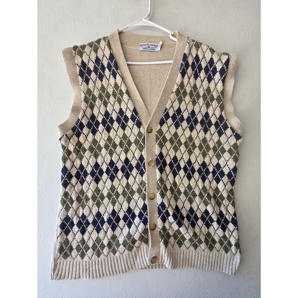 Vintage Boca Classics Argyle Sweater Vest Tan Navy Button Front Mens Large USA
